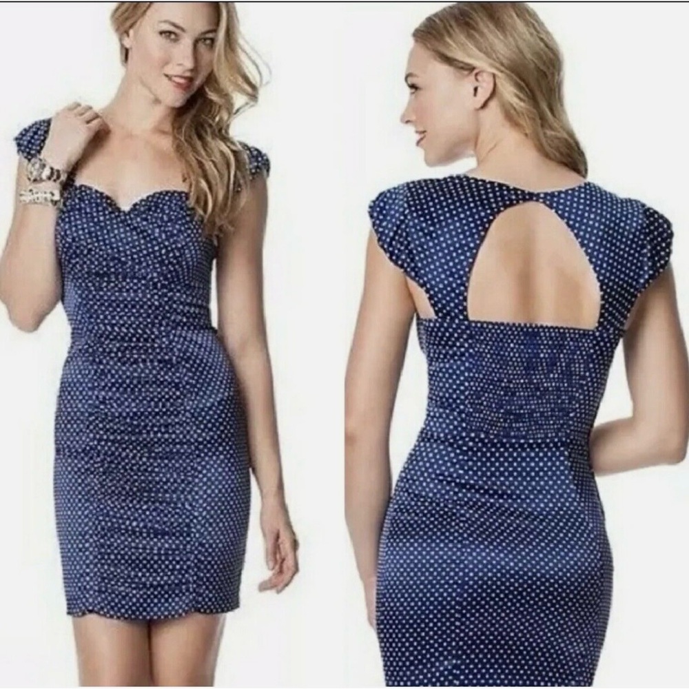 Guess Polka Dot Silky Satin Sweetheart Ruched Smocked Cutout Mini Dress Size 6